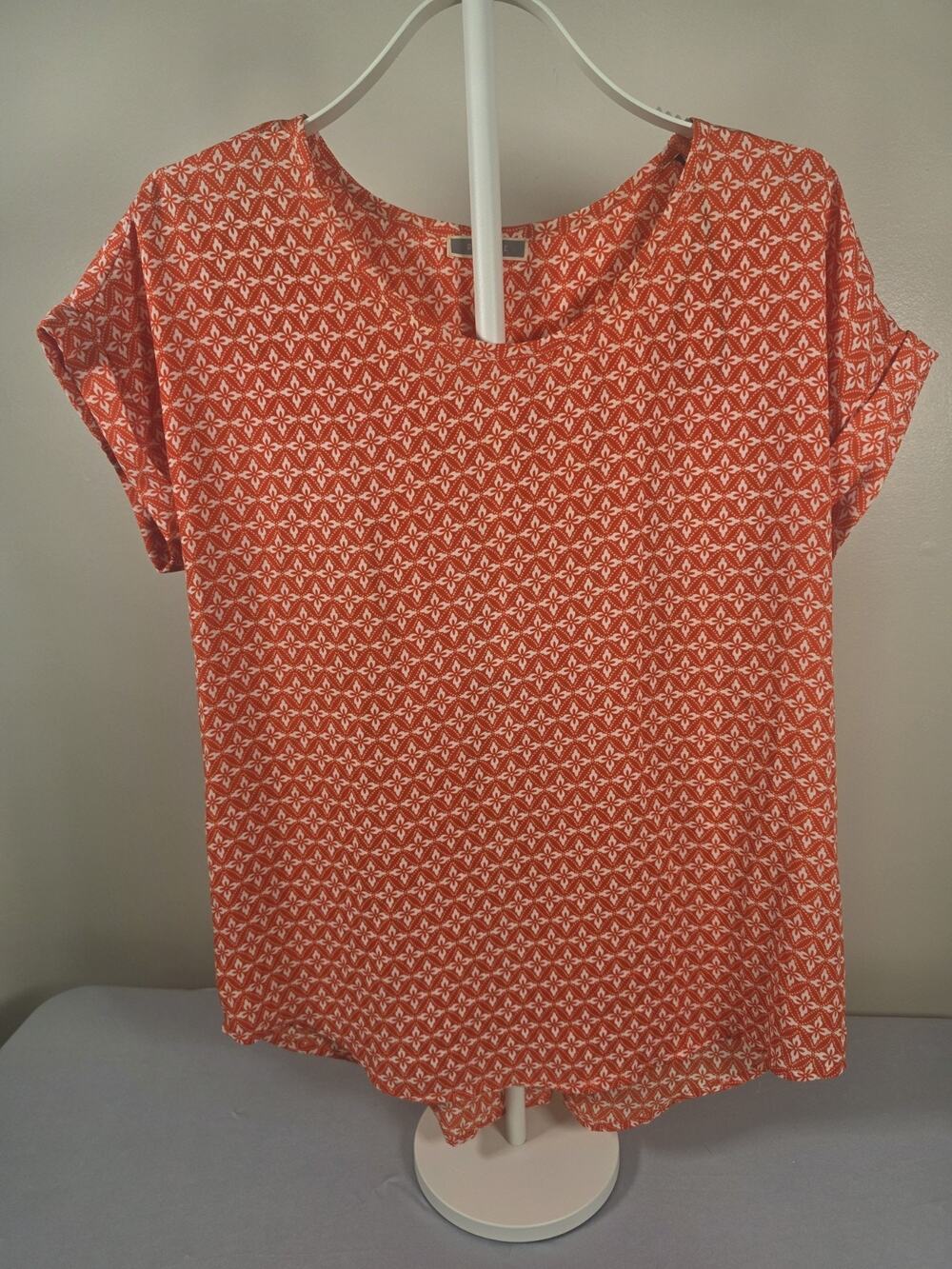 Pleione Womens Blouse Short Sleeve L Orange And White Pullover Boat Neck
